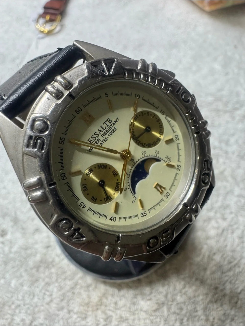 Men’s Black Leather Strap Watch with Cream Dial and Moonphase